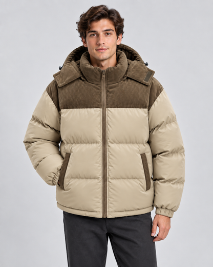 Men's Puffer Jacket - Hooded Corduroy Panel