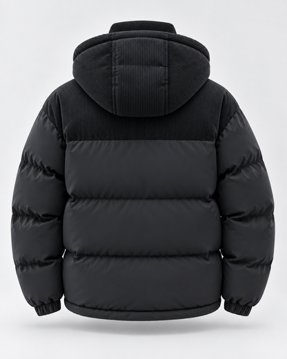 Men's Puffer Jacket - Hooded Corduroy Panel