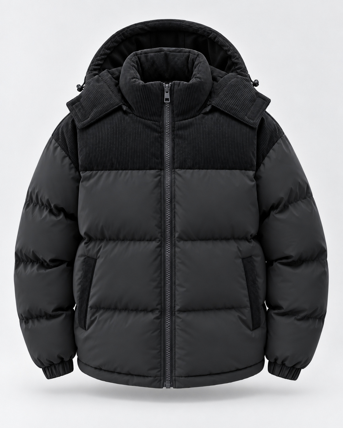 Men's Puffer Jacket - Hooded Corduroy Panel