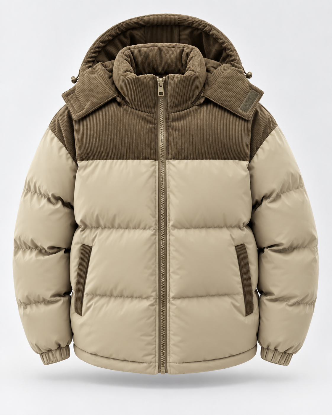 Men's Puffer Jacket - Hooded Corduroy Panel