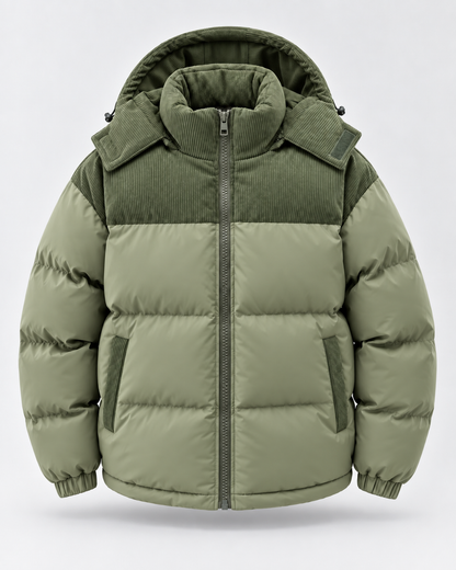 Men's Puffer Jacket - Hooded Corduroy Panel