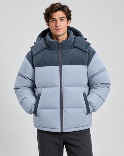 Men's Puffer Jacket - Hooded Corduroy Panel