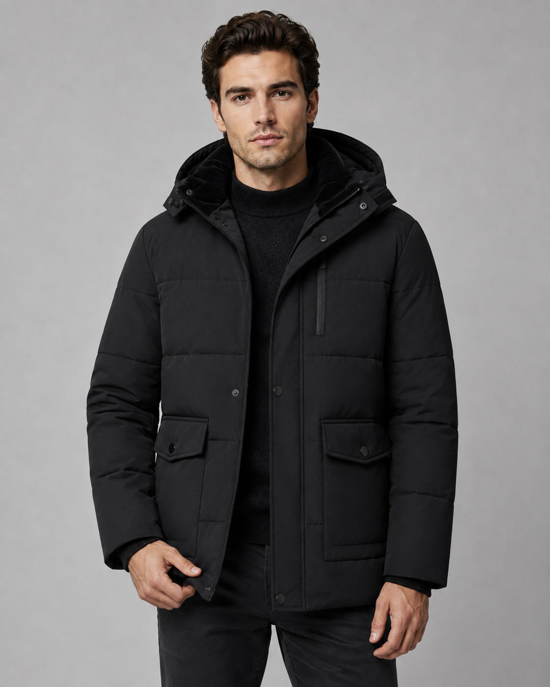 Men's Puffer Jacket - Hooded Plush Lined