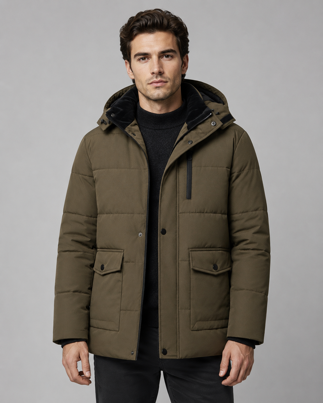 Men's Puffer Jacket - Hooded Plush Lined