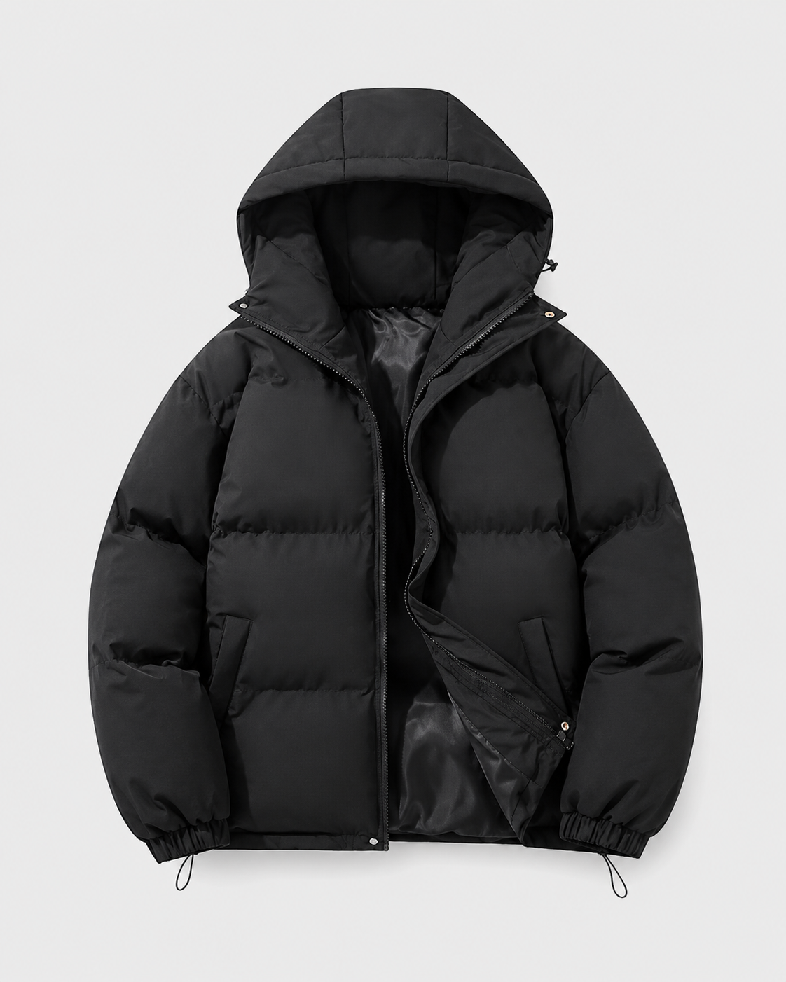 Men's Winter Puffer Jacket - Hooded Drawstring Hem
