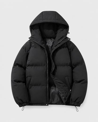 Men's Winter Puffer Jacket - Hooded Drawstring Hem