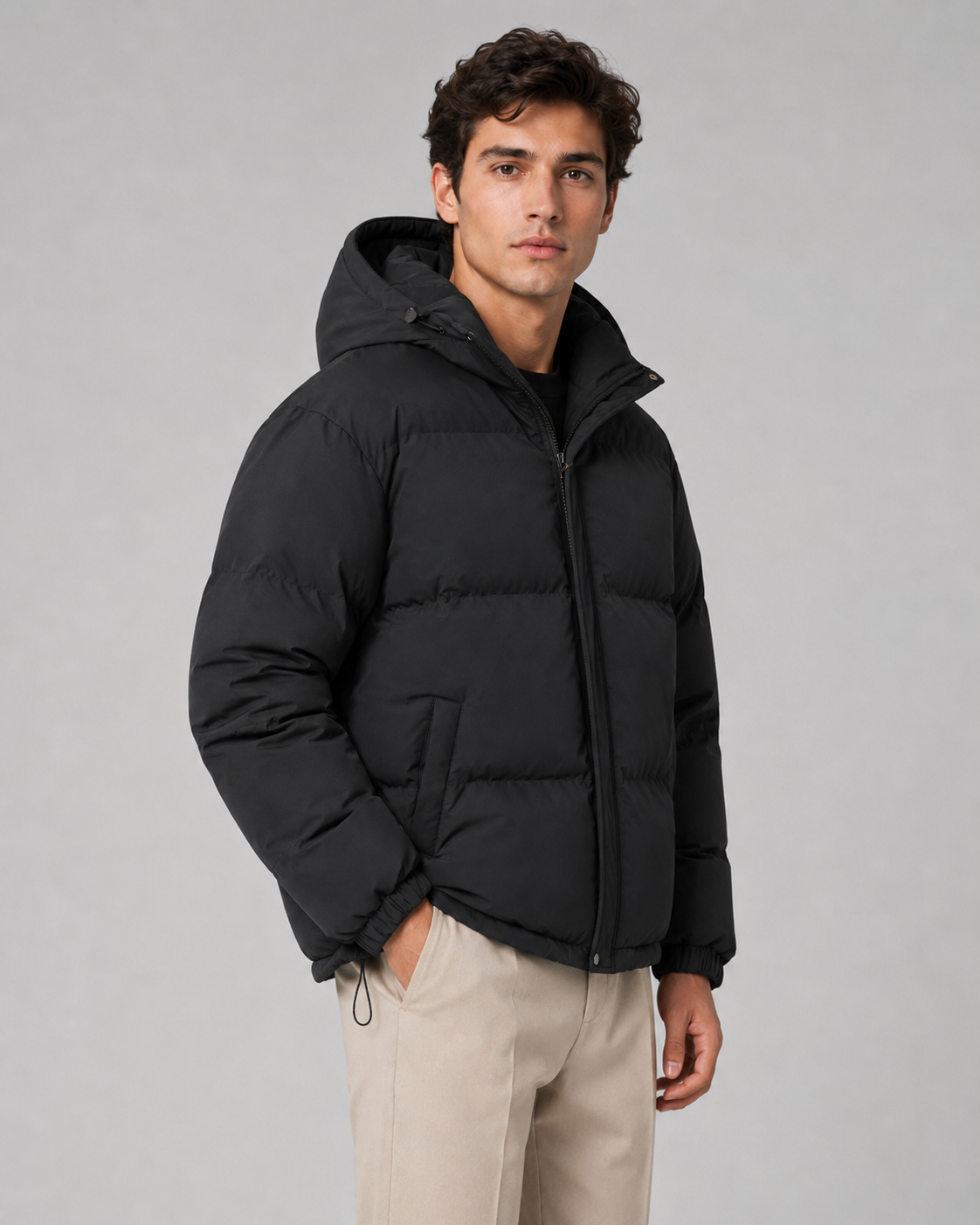 Men's Winter Puffer Jacket - Hooded Drawstring Hem