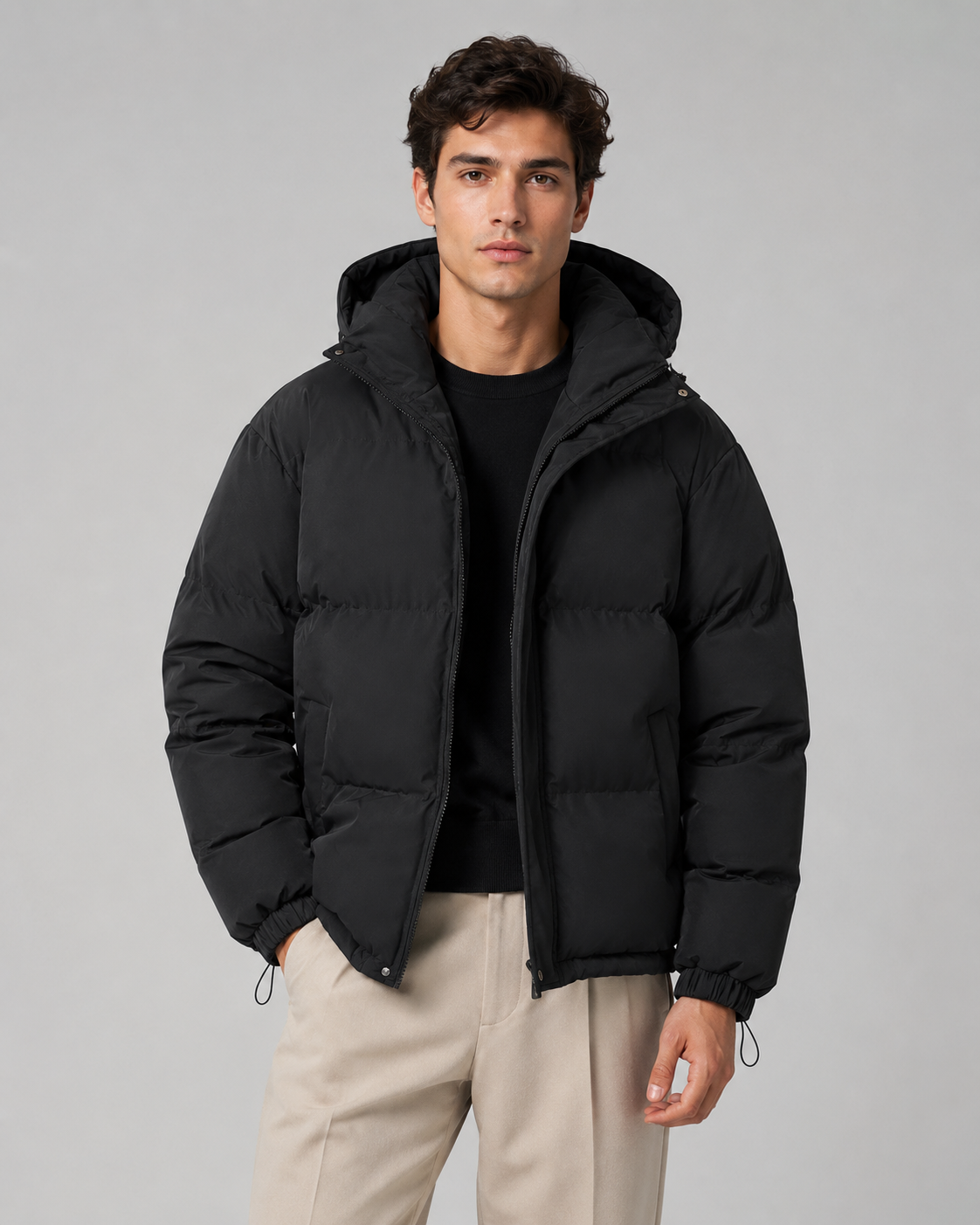 Men's Winter Puffer Jacket - Hooded Drawstring Hem