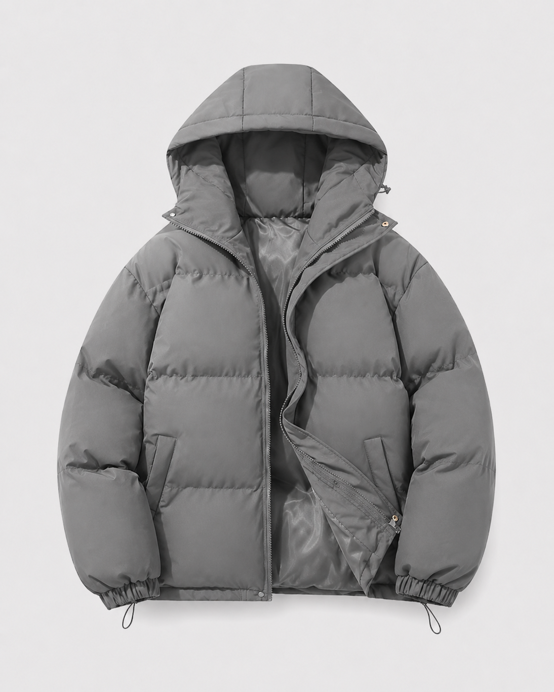 Men's Winter Puffer Jacket - Hooded Drawstring Hem
