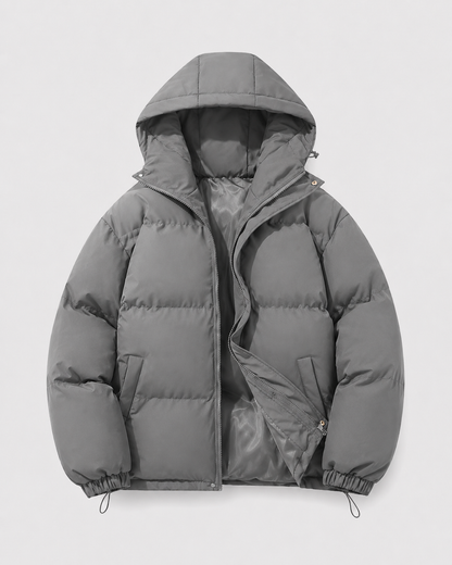 Men's Winter Puffer Jacket - Hooded Drawstring Hem