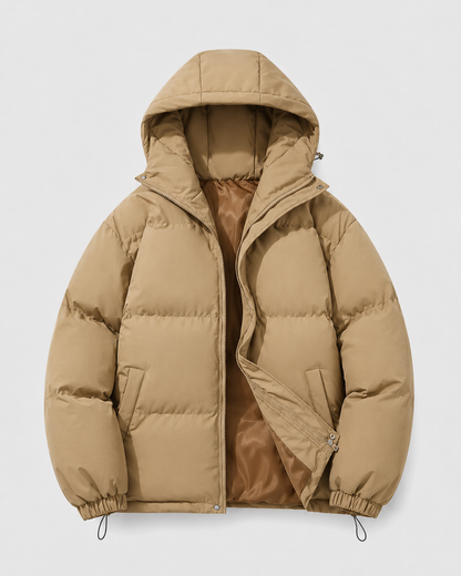 Men's Winter Puffer Jacket - Hooded Drawstring Hem