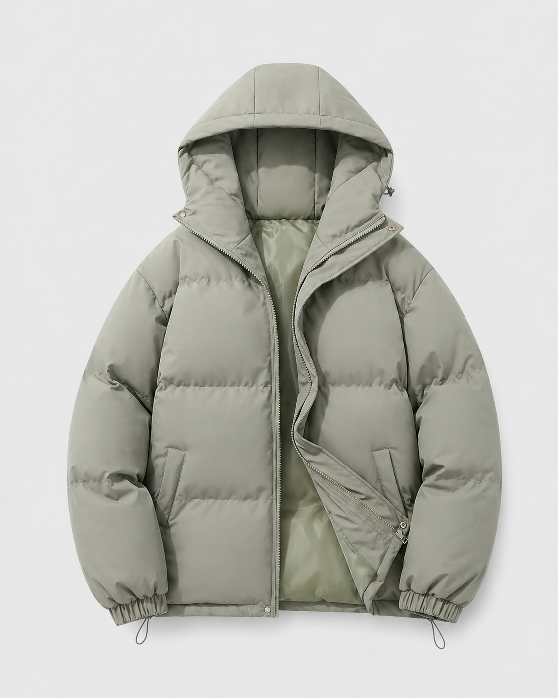Men's Winter Puffer Jacket - Hooded Drawstring Hem