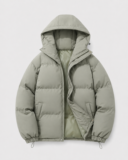 Men's Winter Puffer Jacket - Hooded Drawstring Hem