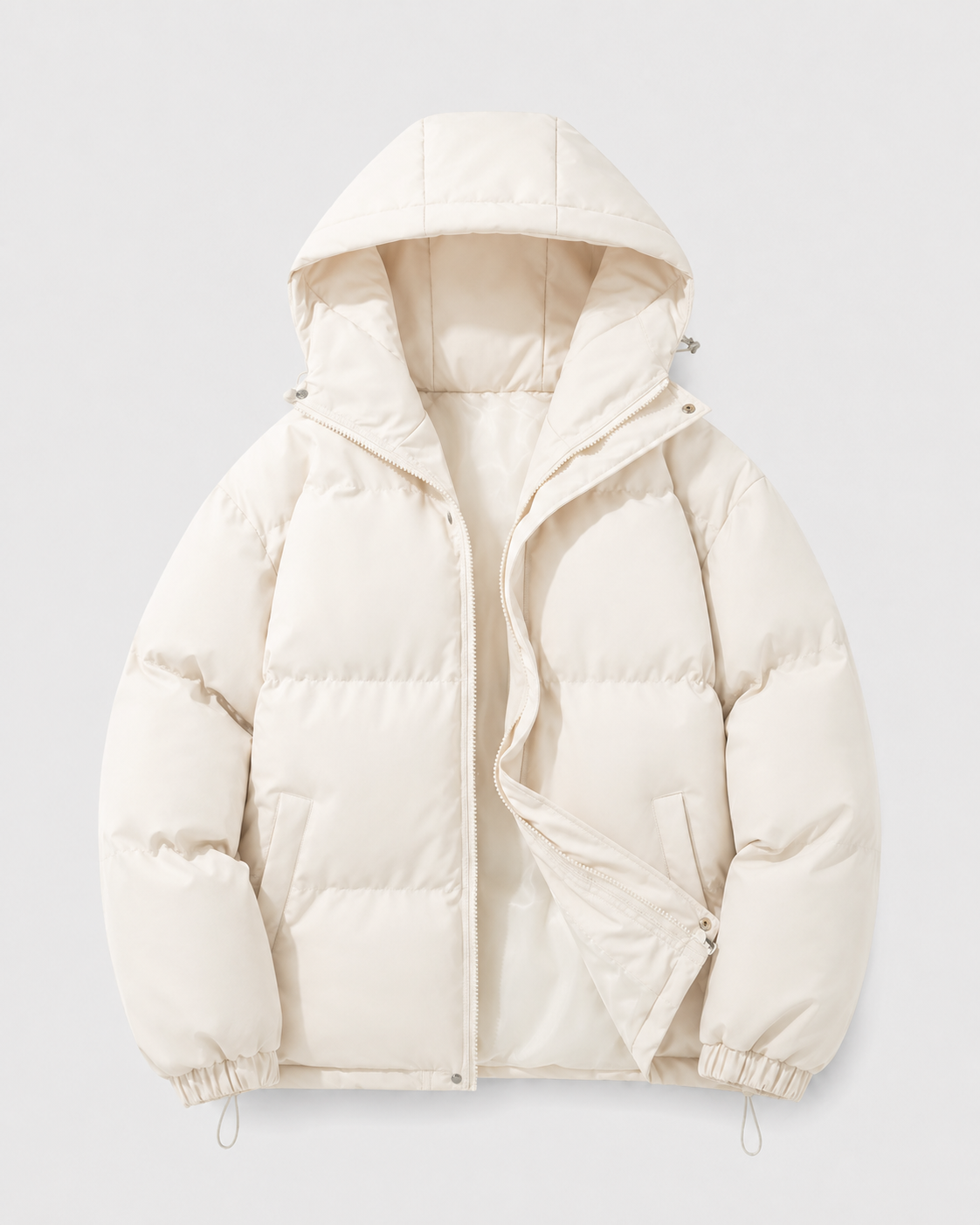 Men's Winter Puffer Jacket - Hooded Drawstring Hem