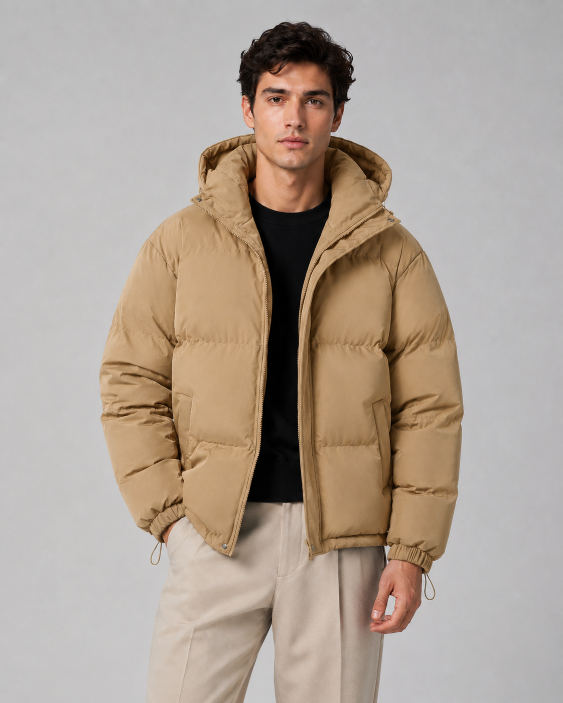 Men's Winter Puffer Jacket - Hooded Drawstring Hem