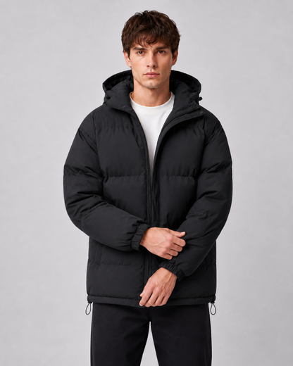Men's Winter Puffer Jacket - Hooded High Neck