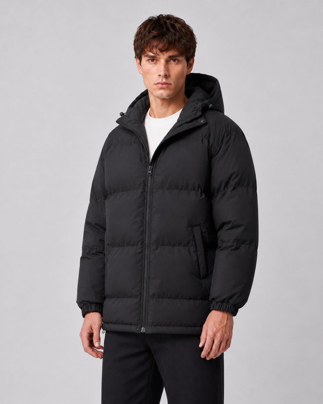 Men's Winter Puffer Jacket - Hooded High Neck