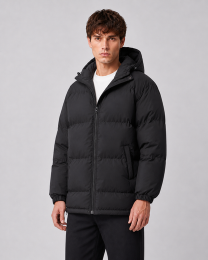 Men's Winter Puffer Jacket - Hooded High Neck