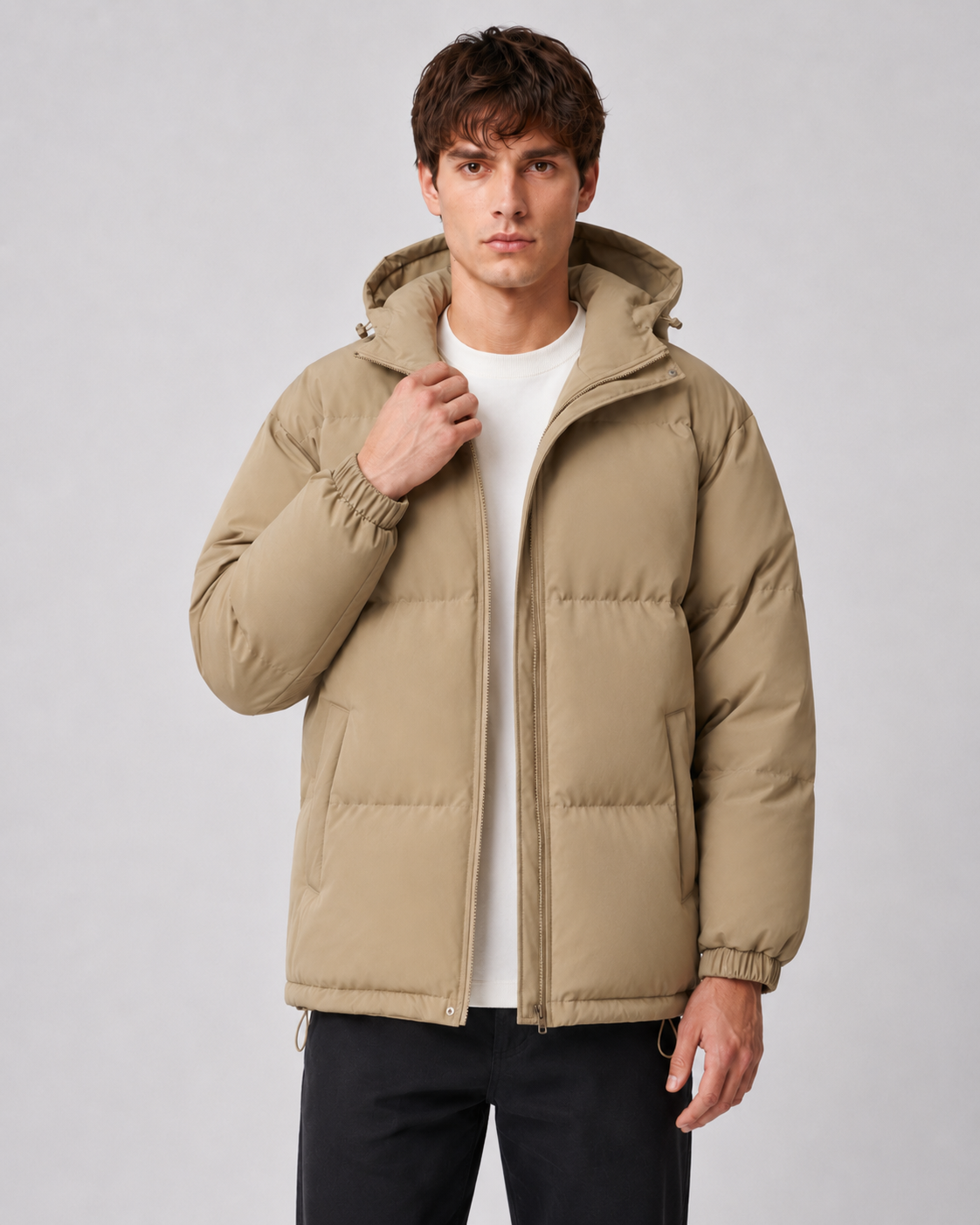 Men's Winter Puffer Jacket - Hooded High Neck
