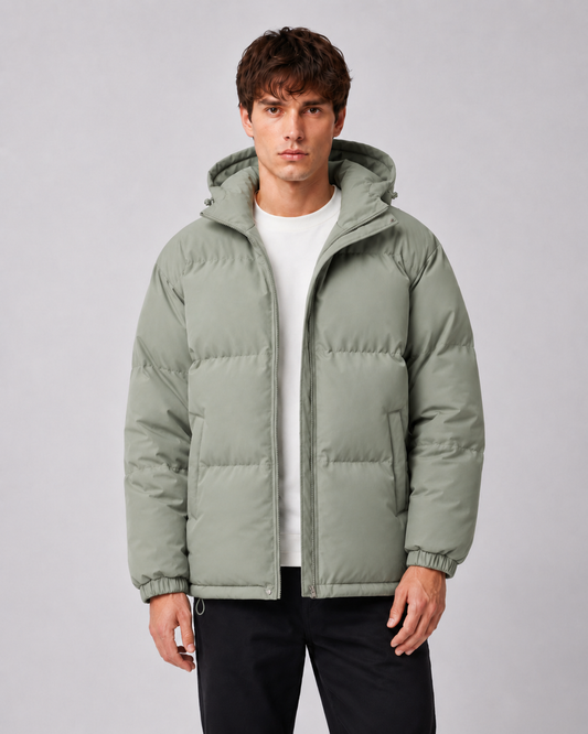 Men's Winter Puffer Jacket - Hooded High Neck