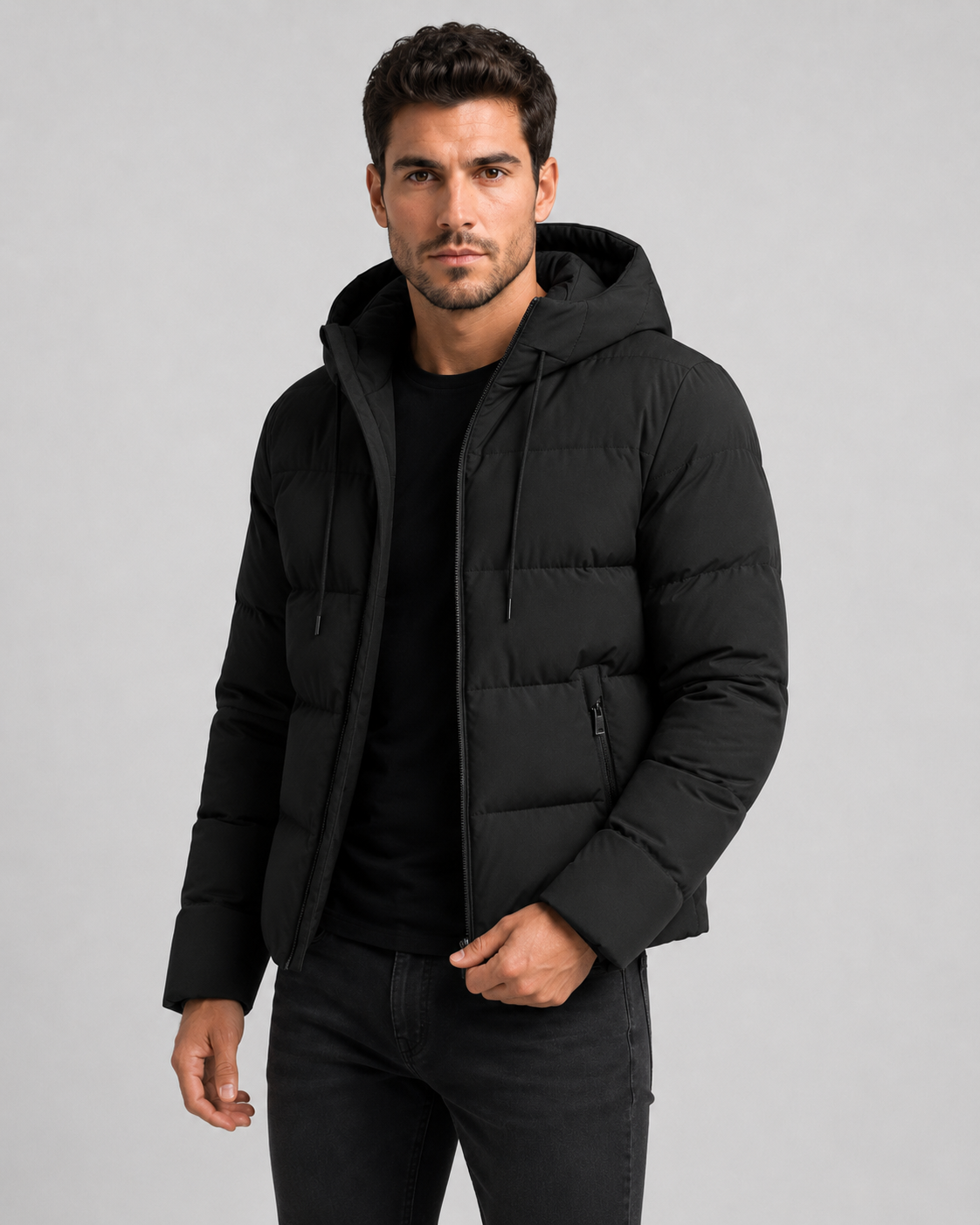 Men's Winter Puffer Jacket - Hooded Zip Pockets
