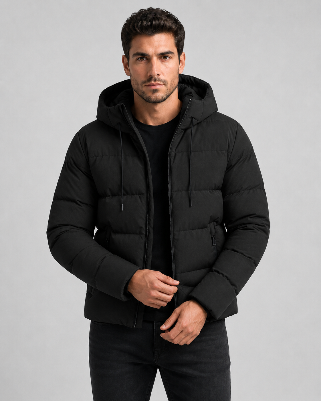 Men's Winter Puffer Jacket - Hooded Zip Pockets
