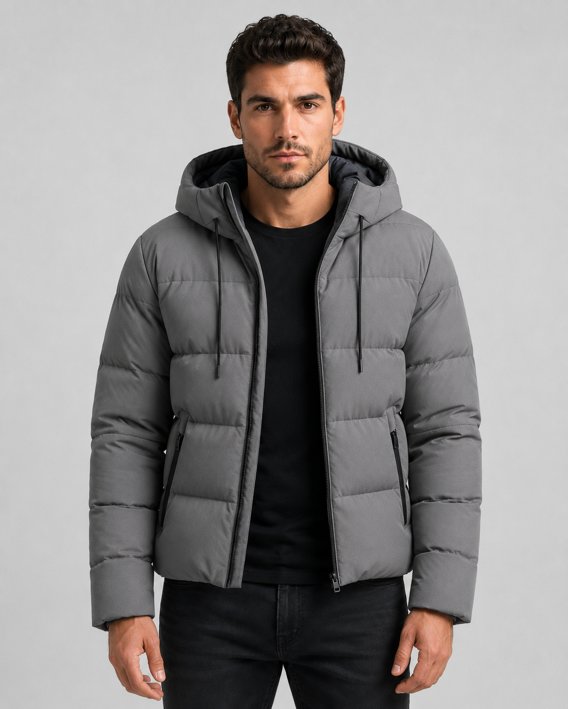 Men's Winter Puffer Jacket - Hooded Zip Pockets