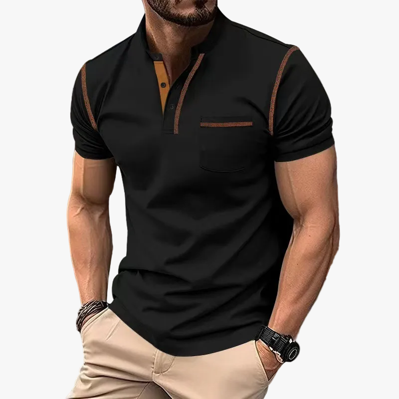 Men's Knit Polo Shirt with Band Collar and Chest Pocket Detail