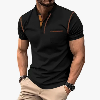 Men's Knit Polo Shirt with Band Collar and Chest Pocket Detail