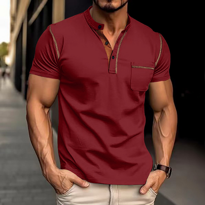 Men's Knit Polo Shirt with Band Collar and Chest Pocket Detail