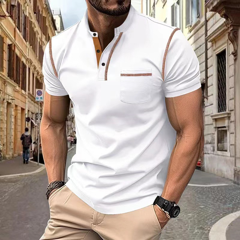 Men's Knit Polo Shirt with Band Collar and Chest Pocket Detail
