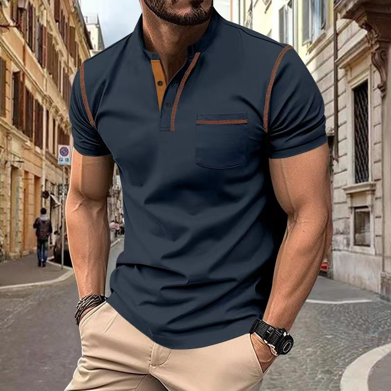 Men's Knit Polo Shirt with Band Collar and Chest Pocket Detail