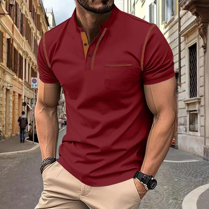 Men's Knit Polo Shirt with Band Collar and Chest Pocket Detail
