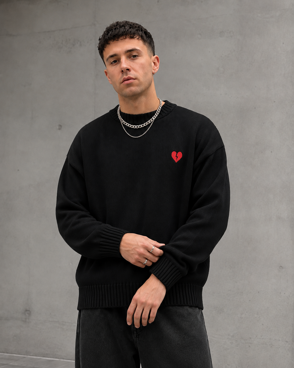 Men's Graphic Knit Sweater - Broken Heart Crew Neck Pullover