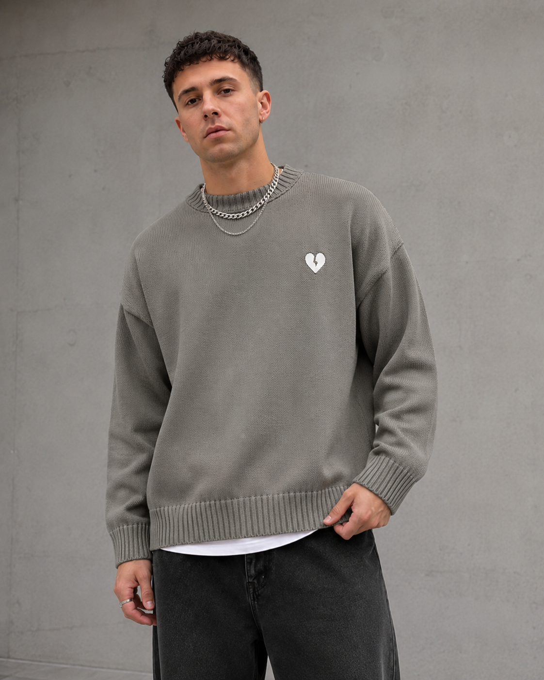 Men's Graphic Knit Sweater - Broken Heart Crew Neck Pullover