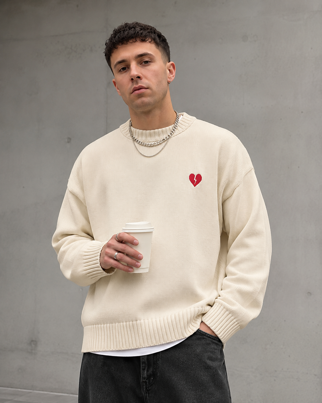 Men's Graphic Knit Sweater - Broken Heart Crew Neck Pullover