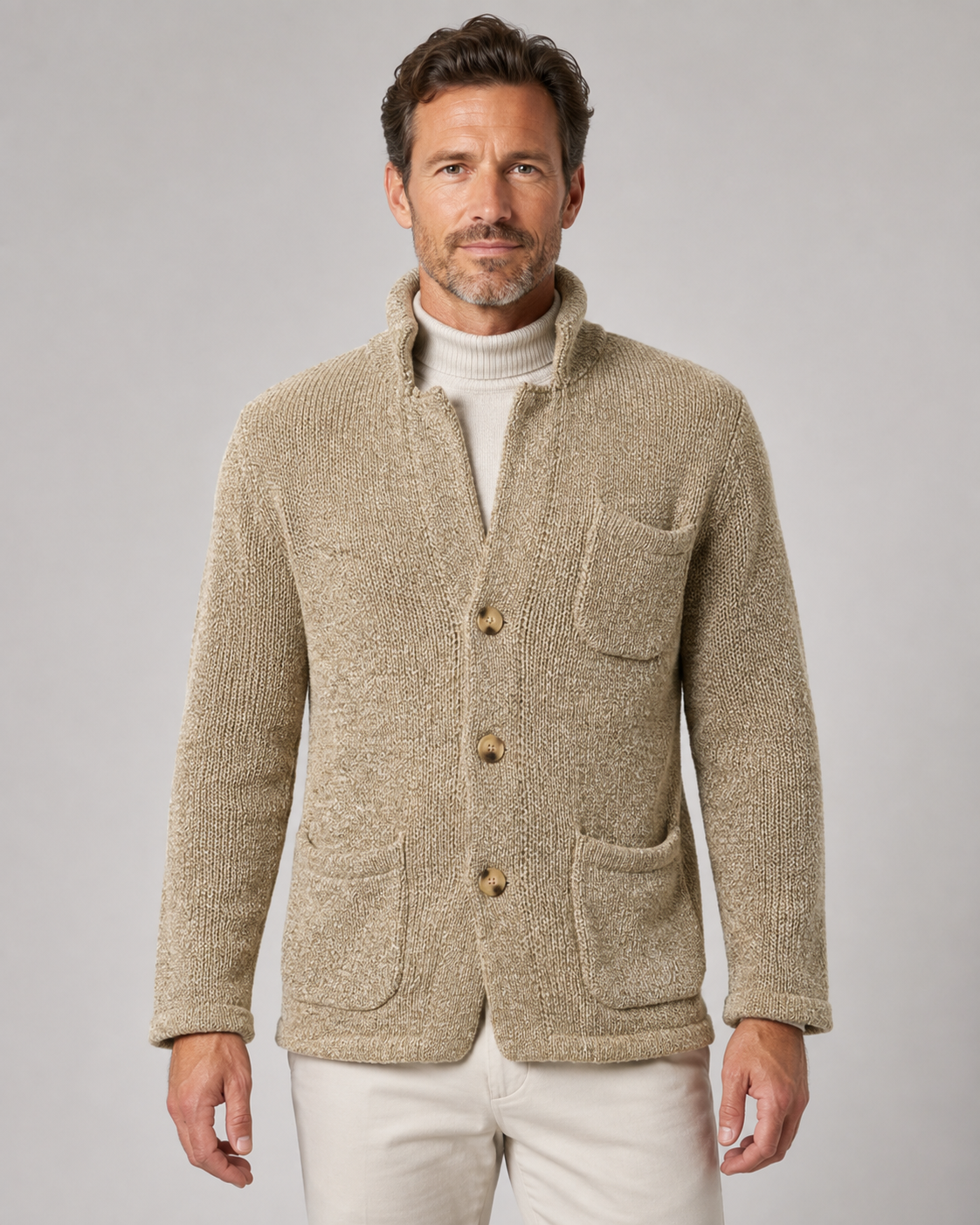 Men's Knit Cardigan Sweater - Button Front Stand Collar