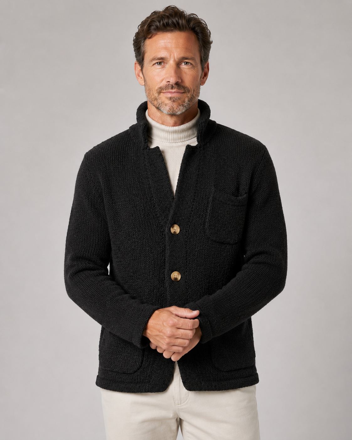 Men's Knit Cardigan Sweater - Button Front Stand Collar