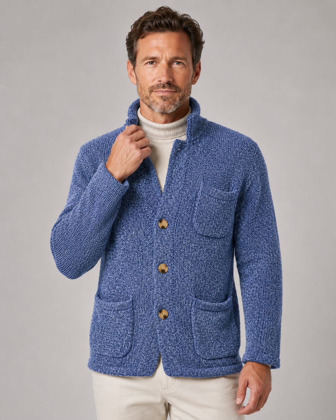 Men's Knit Cardigan Sweater - Button Front Stand Collar