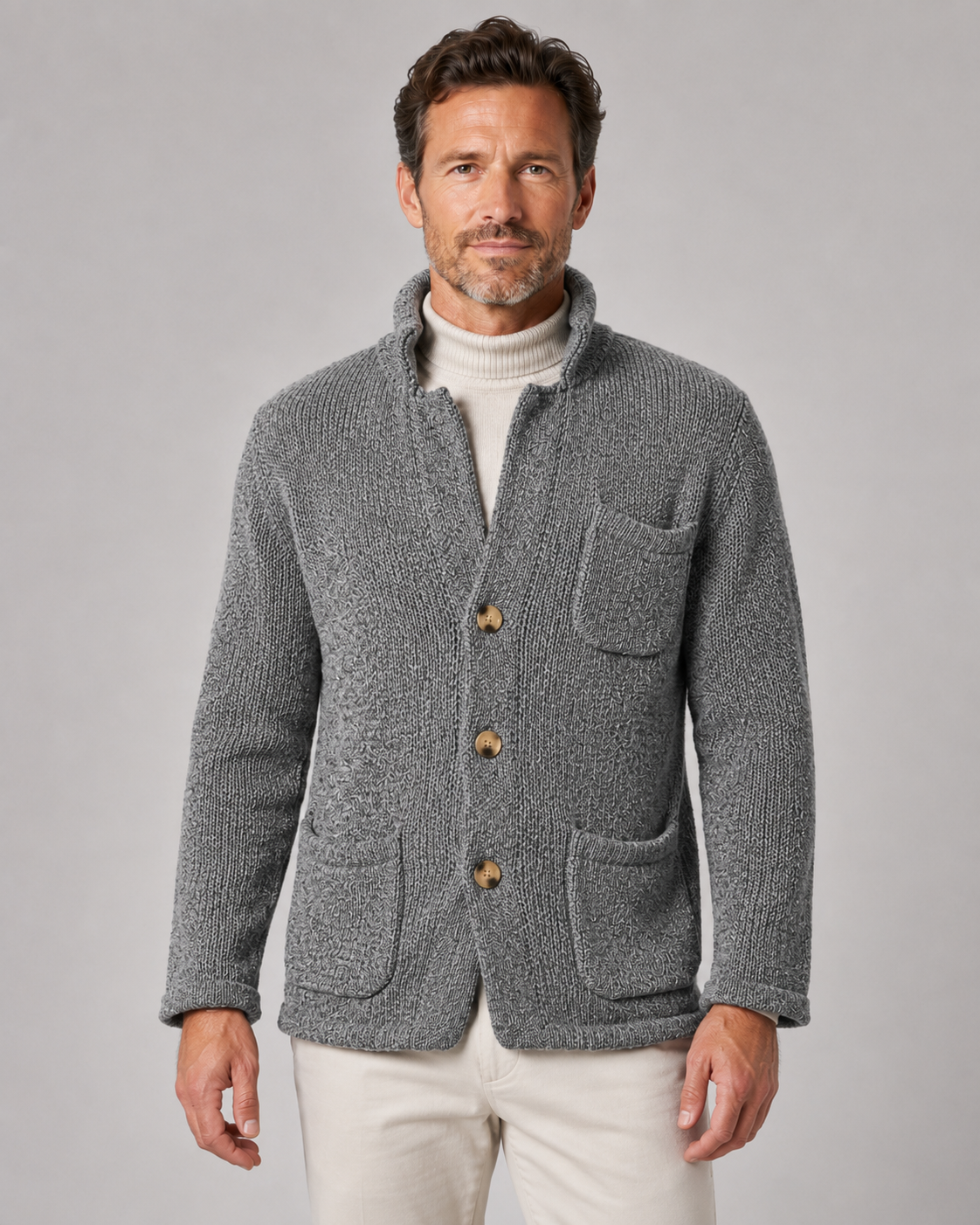 Men's Knit Cardigan Sweater - Button Front Stand Collar