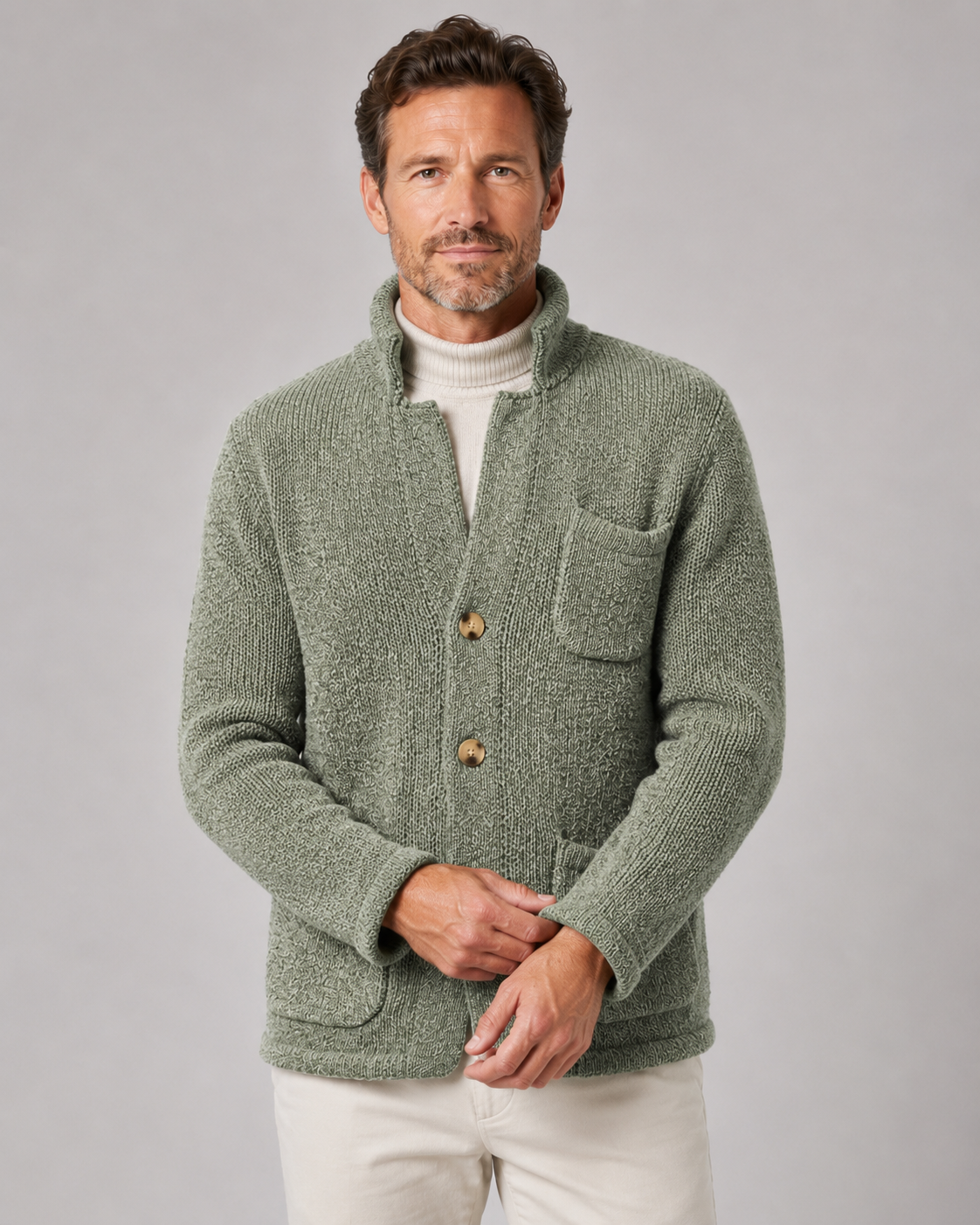 Men's Knit Cardigan Sweater - Button Front Stand Collar