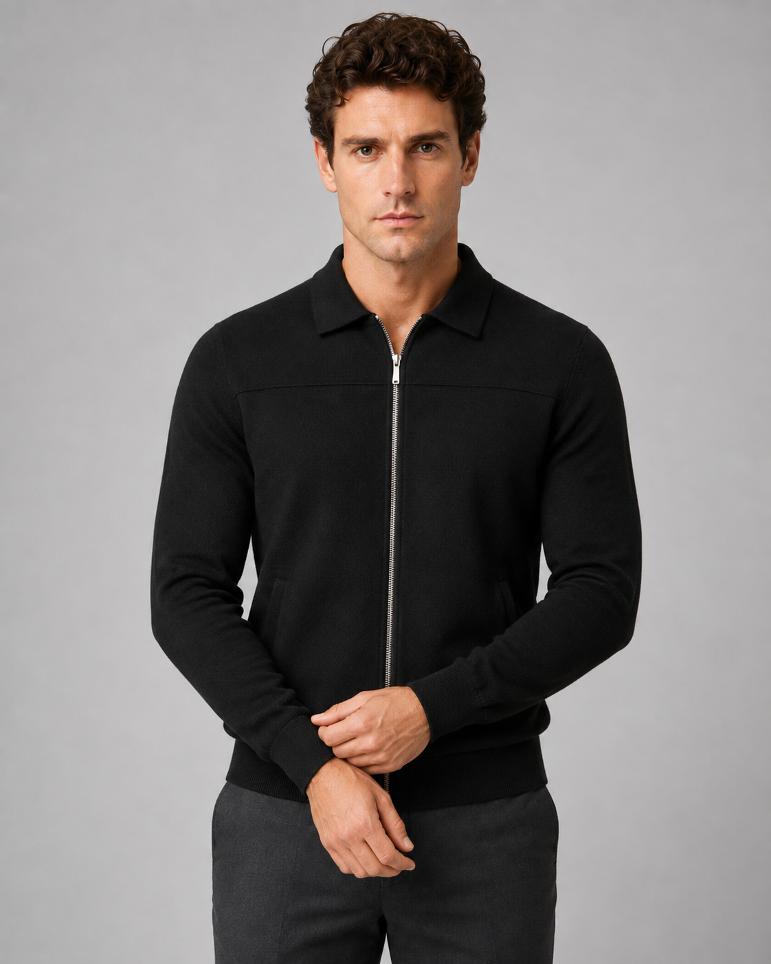 Men's Full Zip Cardigan Sweater - Collared Knit Regular Fit