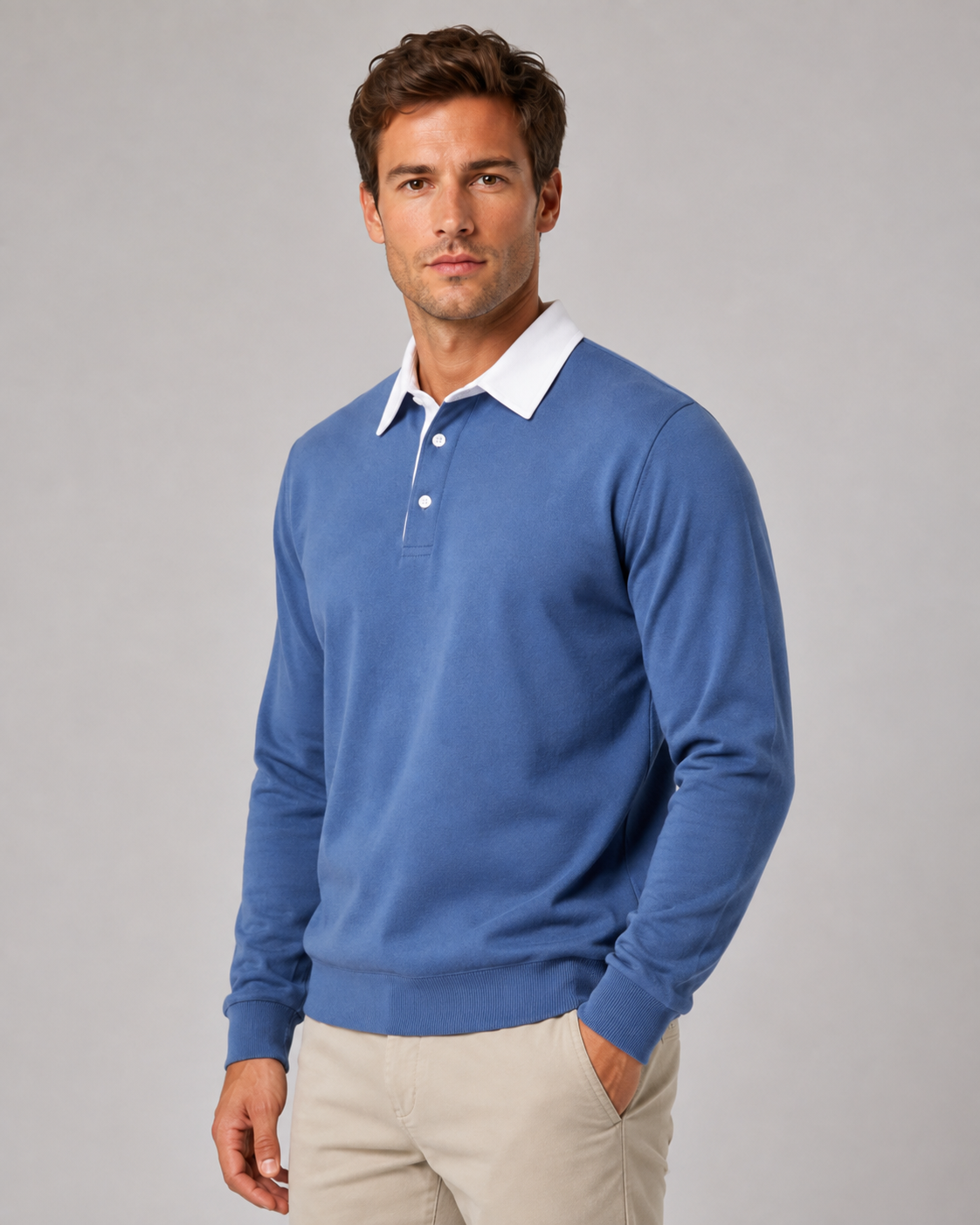 Men's Knit Polo Sweater - Long Sleeve Contrast Collar