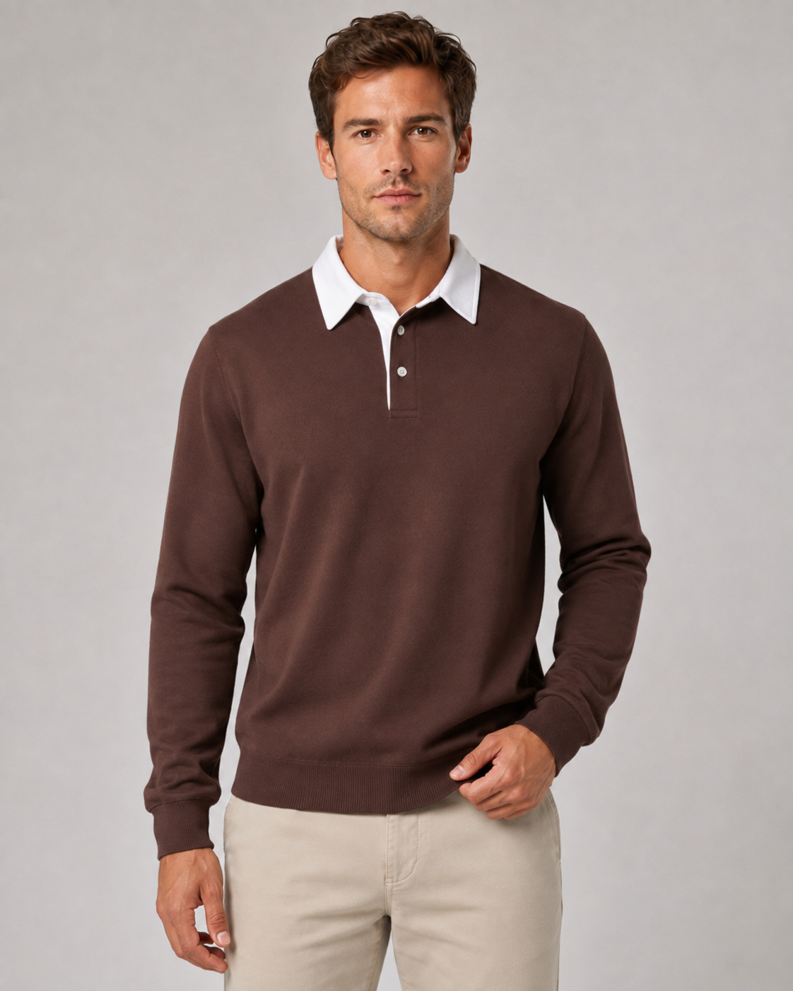 Men's Knit Polo Sweater - Long Sleeve Contrast Collar