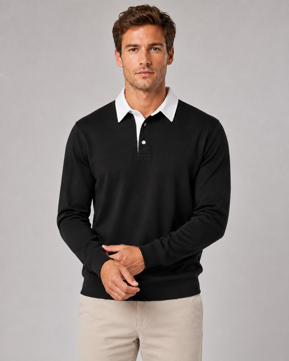 Men's Knit Polo Sweater - Long Sleeve Contrast Collar