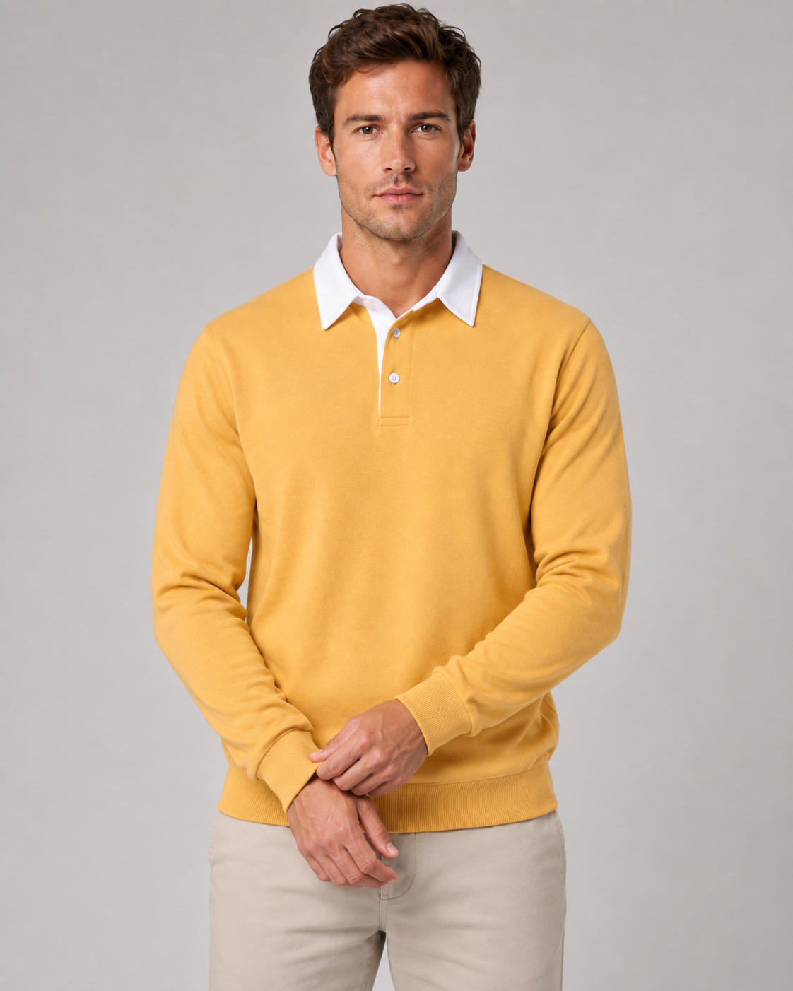 Men's Knit Polo Sweater - Long Sleeve Contrast Collar