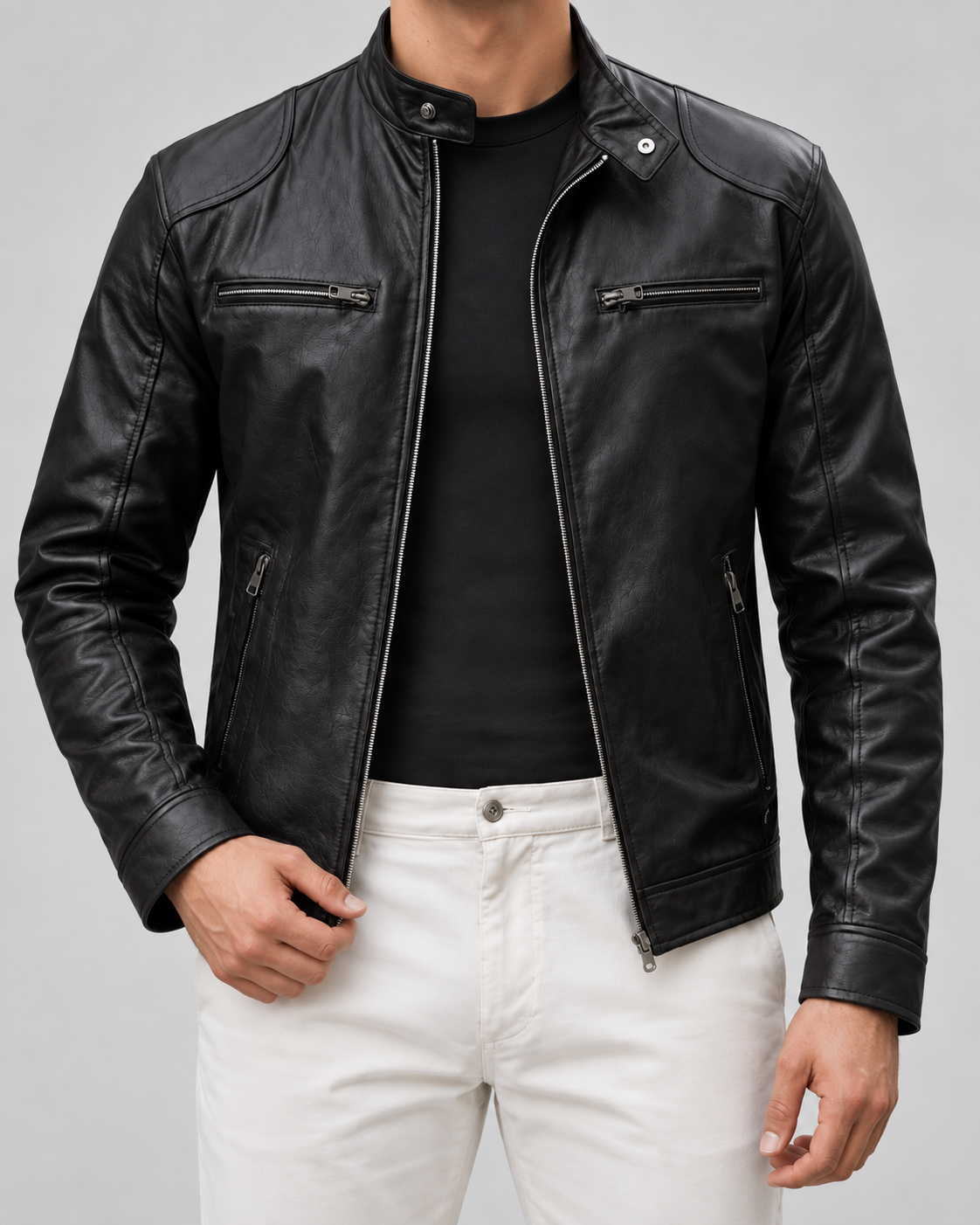 Men's Leather Racer Jacket - Zip Up Stand Collar