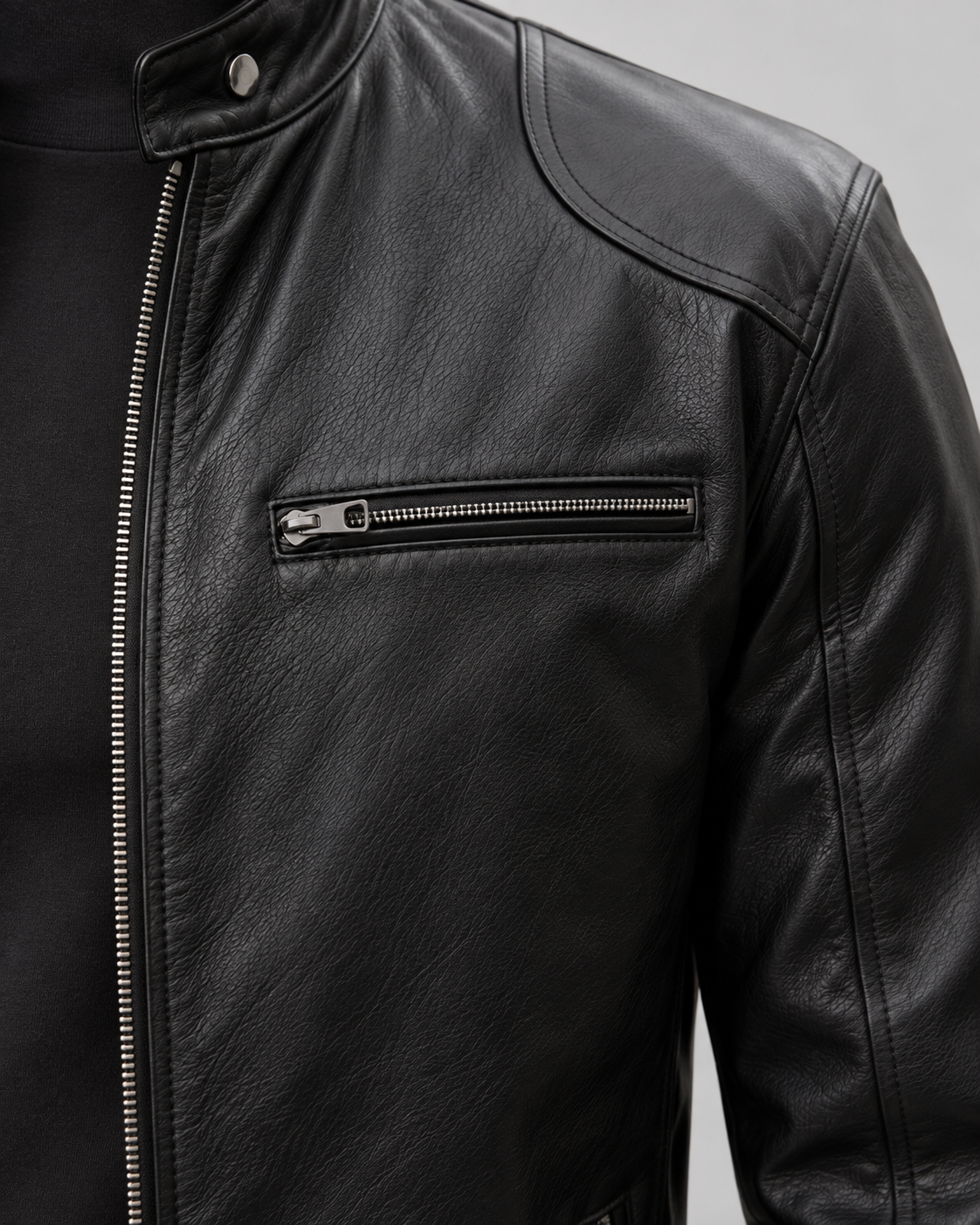Men's Leather Racer Jacket - Zip Up Stand Collar