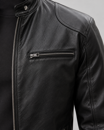 Men's Leather Racer Jacket - Zip Up Stand Collar