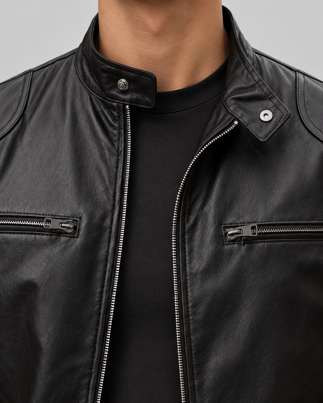 Men's Leather Racer Jacket - Zip Up Stand Collar